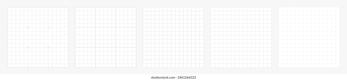 Conjunto de fondo cuadrado de cuadrícula con líneas y puntos con espacio vacío. Diseño de papel cuadrado gráfico, hoja de matemáticas de la escuela, hoja de papel de cuadrícula, patrón de cuaderno, papel gráfico arquitectónico. Ilustración vectorial.