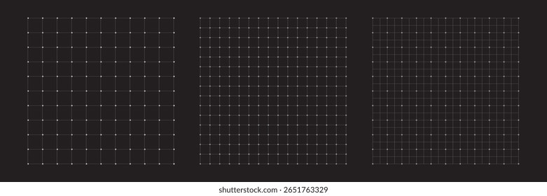 Conjunto de planos de fundo de grade quadrada com padrões de linha em um plano de fundo escuro. Inclui designs que lembram papel gráfico, folhas matemáticas, grades de notebook