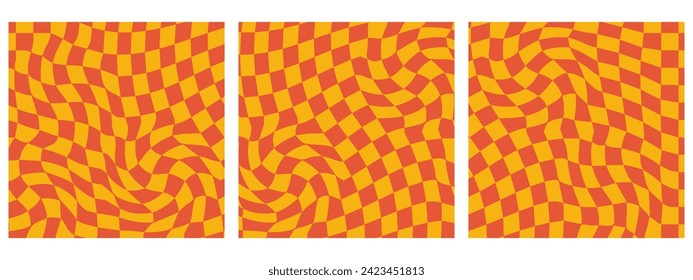Set of Square Groovy Checkerboard Waves Patterns. Twisted and Distorted Vector Textures Bring a Trendy Retro Psychedelic Style. Perfect for Y2K Aesthetic in Oranges Color Palettes