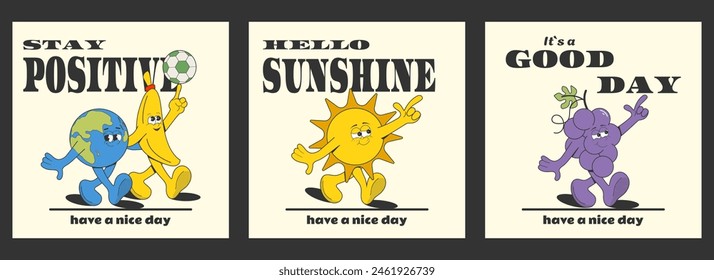 A set of square groovy posters with funny cartoon characters and quotes.Elements for a summer design with a cute planet, fruits, and the sun.Retro style.Vector illustration.