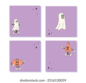 Set of square Halloween backgrounds with copy space for text. Vector illustration with retro style pumpkin and ghost for festive designs