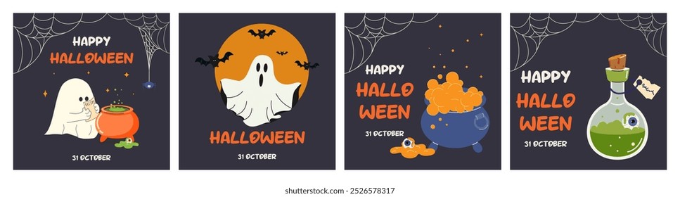 A set of square Halloween posters, covers for social media posts, party invitations, postcards. A ghost, a witch's cauldron of boiling potion, bats, a full moon, an eye. Vector illustration.