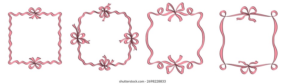 Set of square hand drawn coquette frames with wavy ribbons and bows. Curvy vintage whimsical borders. Great for wedding invitations, birthday card, prints