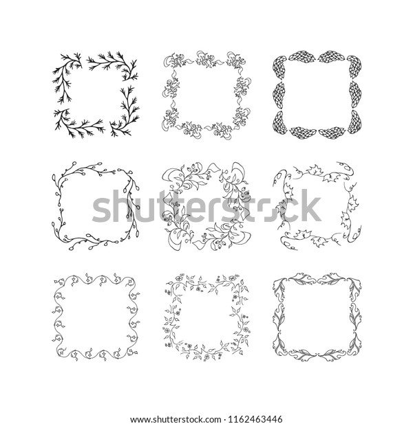 Set of square hand drawn frames. Vector\
isolated. Vintage design\
elements.