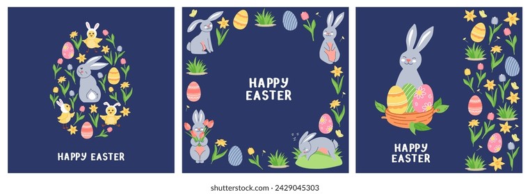 Set of square Happy Easter greeting cards. Cute characters, spring flowers on a blue background. Vector editable templates for printing greeting cards, banners, packaging.