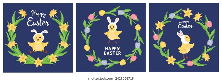 Set of square Happy Easter greeting cards. Cute chicks, spring wreath of flowers on blue background. Vector editable templates for printing greeting cards, banners, packaging.