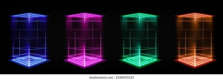 Set of square hologram portals with color light effect. Vector realistic illustration of futuristic game podiums with glowing laser beams, neon color teleports isolated on transparent background