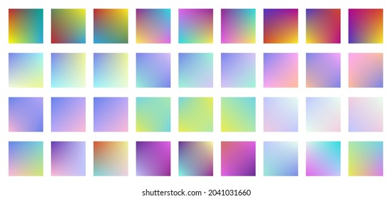Set of square holographic gradient button. Multicolor green purple yellow orange pink cyan fluid gradients, colorful soft square buttons. Vector illustration. Eps 10.