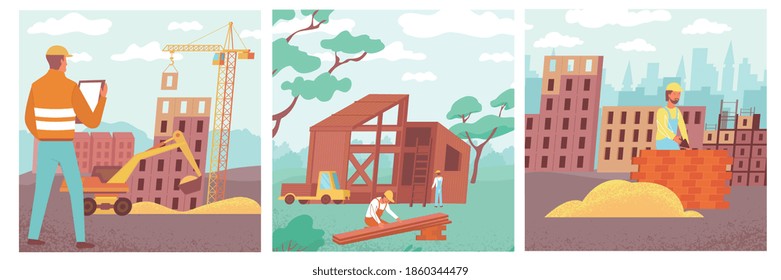 Conjunto de composiciones de construcción de casas cuadradas con imágenes planas paisajes al aire libre con edificios de departamentos en construcción ilustración vectorial