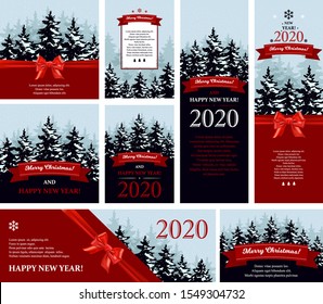 Set of square, horizontal and vertical Christmas and New Year greeting carcs in retro style with Christmas trees and lettering. Place for text. Vector illustration with hand drawn elements.
