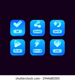 set of square ice buttons with jelly icons for game ui asset elements vector illustration