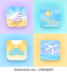 Set von quadratischen Symbolen über Sommerferien im trendigen Stil. Fisch, Flugzeug, Liegestuhl, Hut, Brille. Vektorsymbole für Kommunikation, Werbung, Vorlage, Design.