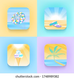 Set of square icons about summer holidays in trendy style. Palm tree, parachute, slippers, ice cream, sea, sand. Vector icons for communication, advertising, template, design.