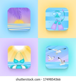 Set of square icons about summer holidays in trendy style. Palm, sunset, diving, scuba diving, swimsuit, rubber ring, flippers, seagulls. Vector icons 