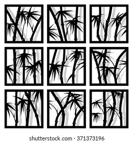 Set of square icons bamboo trees and its shadow in frame.