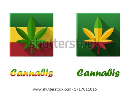 Set of square icons with cannabis, hashish and marijuana. Leaves of narcotic grass and flag.
