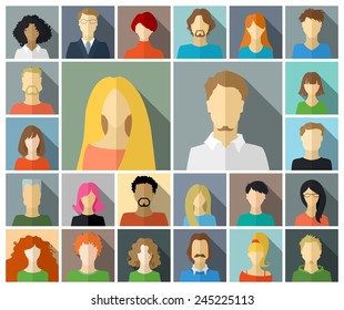 Set of square icons in flat style with long shadow. Various faces of men and women.