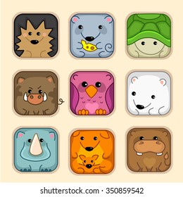 Set of square icons with the image of wild and domestic animals