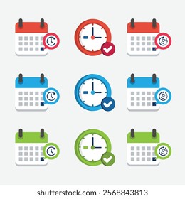 Set square icons page calendar mark agenda app, time, watch, deadline, date page icon and mark done, yes, success, check, approved, confirm. Reminder, schedule line simple sign