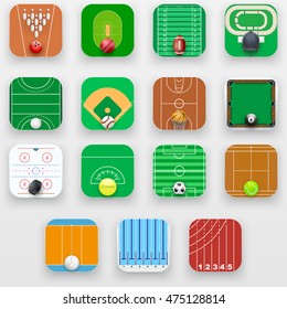 Set of Square icons with sports field end equipment. Vector Illustration isolated on background.