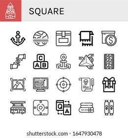 Set von quadratischen Symbolen. Wie Kreml, Anker, Äquator, Box, Handtuch, Fokus, Abc-Block, Geometrie, Film-Streifen, Bild, Resize, Brief, Geschenk, Bus, Q a, Schokolade, quadratische Symbole
