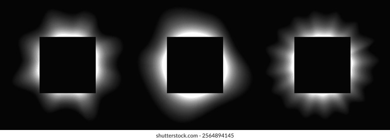 Set of square illuminate frames with gradient. Three white neon banners isolated on black background. Vector illustration