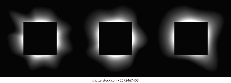 Set of square illuminate frames with gradient. Three white neon banners isolated on black background. Vector illustration