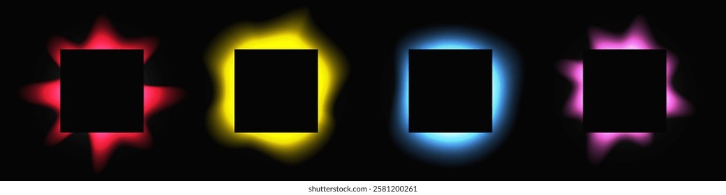 Set of square illuminate frames with gradient. Four multicolor neon banners isolated on black background. Vector illustration