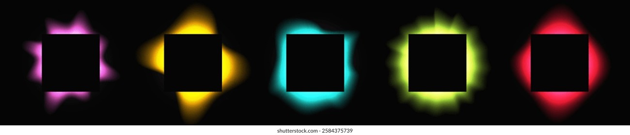 Set of square illuminate frames with gradient. Five multicolor neon banners isolated on black background. Vector illustration