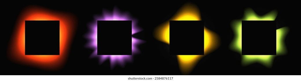 Set of square illuminate frames with gradient. Four multicolor neon banners isolated on black background. Vector illustration