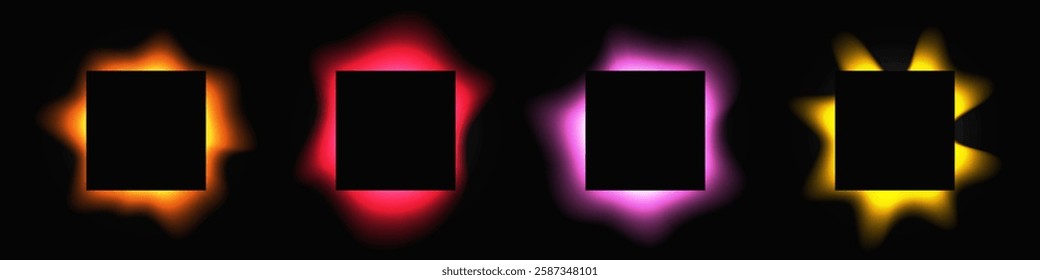 Set of square illuminate frames with gradient. Four multicolor neon banners isolated on black background. Vector illustration