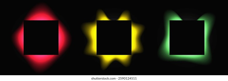Set of square illuminate frames with gradient. Three multicolor neon banners isolated on black background. Vector illustration
