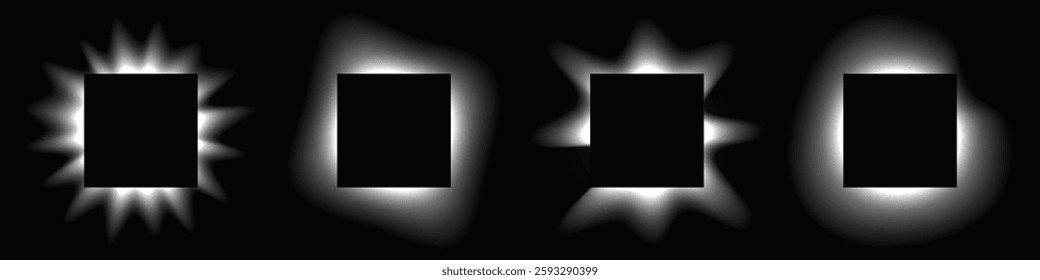 Set of square illuminate frames with gradient. Four white neon banners isolated on black background. Vector illustration