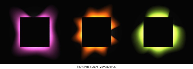 Set of square illuminate frames with gradient. Three multicolor neon banners isolated on black background. Vector illustration