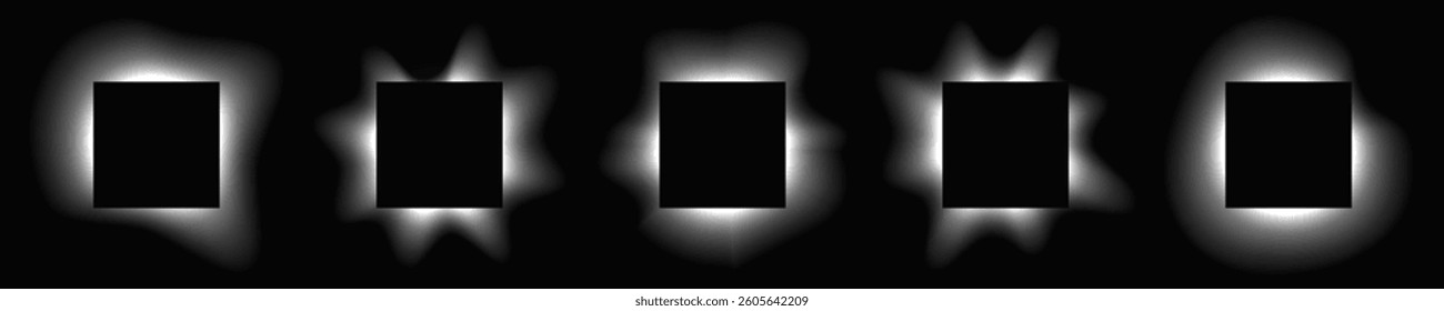 Set of square illuminate frames with gradient. Five white neon banners isolated on black background. Vector illustration