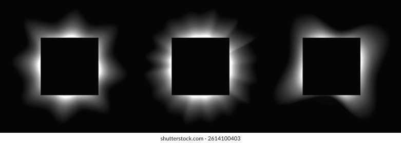 Set of square illuminate frames with gradient. Three white neon banners isolated on black background. Vector illustration