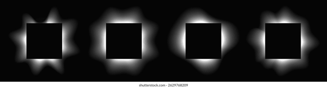 Set of square illuminate frames with gradient. Four white neon banners isolated on black background. Vector illustration