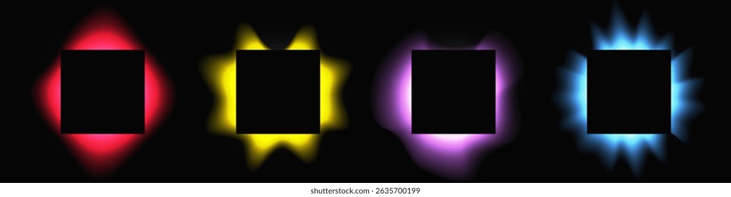 Conjunto de quadros quadrados iluminados com gradiente. Quatro faixas de néon multicoloridas isoladas sobre fundo preto. Ilustração vetorial