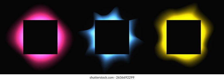 Conjunto de quadros quadrados iluminados com gradiente. Três faixas de néon multicoloridas isoladas sobre fundo preto. Ilustração vetorial