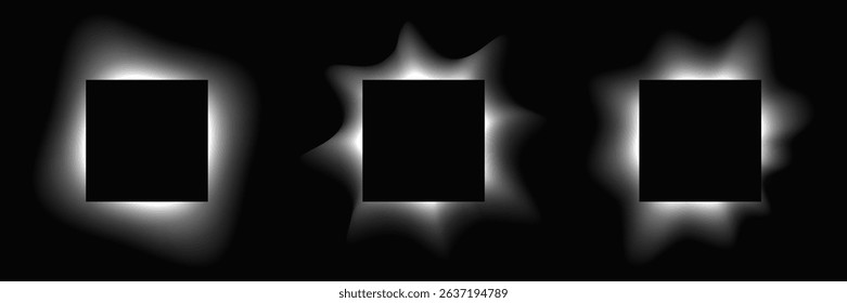 Set of square illuminate frames with gradient. Three white neon banners isolated on black background. Vector illustration
