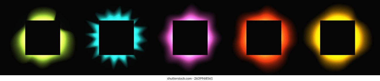 Set of square illuminate frames with gradient. Five multicolor neon banners isolated on black background. Vector illustration