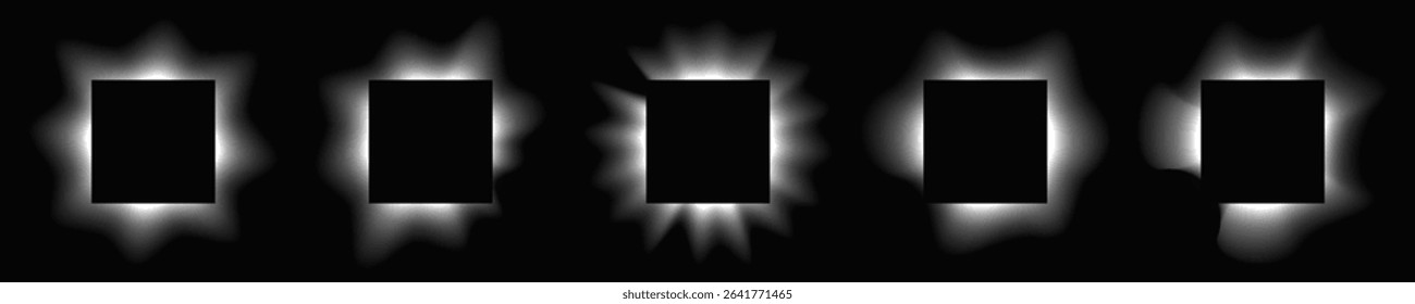 Set of square illuminate frames with gradient. Five white neon banners isolated on black background. Vector illustration