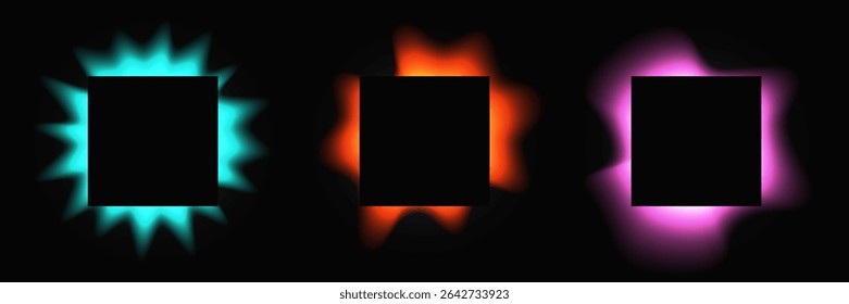 Conjunto de quadros quadrados iluminados com gradiente. Três faixas de néon multicoloridas isoladas sobre fundo preto. Ilustração vetorial