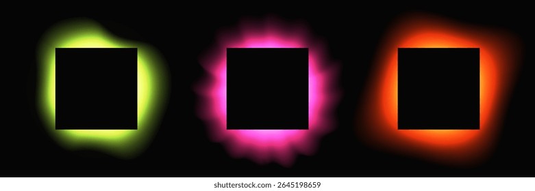 Conjunto de quadros quadrados iluminados com gradiente. Três faixas de néon multicoloridas isoladas sobre fundo preto. Ilustração vetorial
