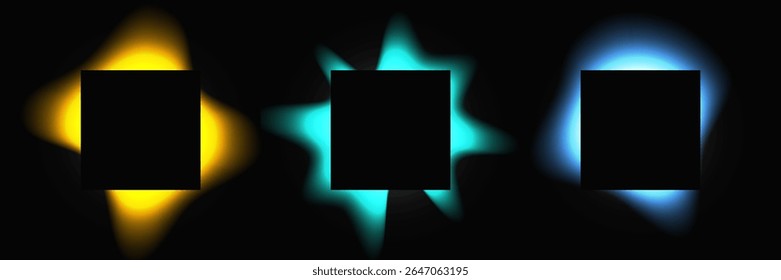 Conjunto de quadros quadrados iluminados com gradiente. Três faixas de néon multicoloridas isoladas sobre fundo preto. Ilustração vetorial