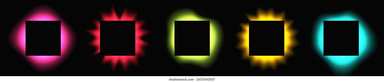 Conjunto de quadros quadrados iluminados com gradiente. Cinco faixas de néon multicoloridas isoladas sobre fundo preto. Ilustração vetorial