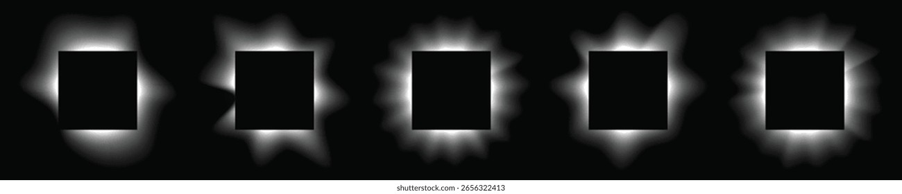 Set of square illuminate frames with gradient. Five white neon banners isolated on black background. Vector illustration