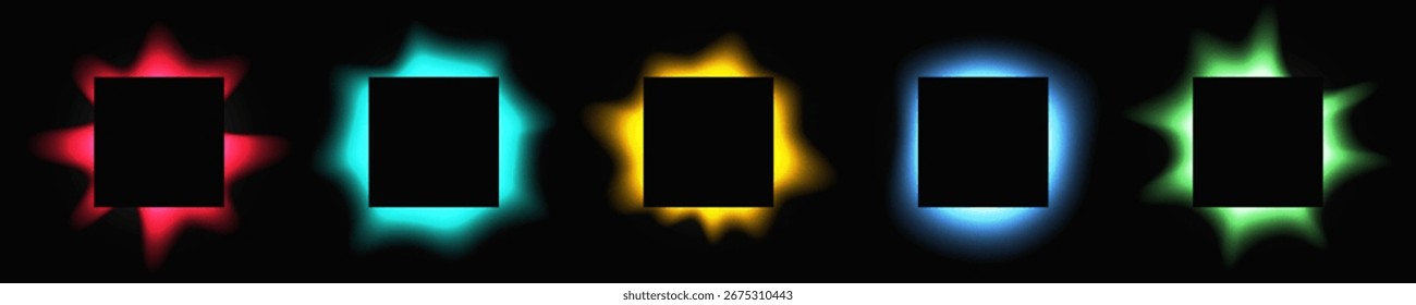 Conjunto de quadros quadrados iluminados com gradiente. Cinco faixas de néon multicoloridas isoladas sobre fundo preto. Ilustração vetorial