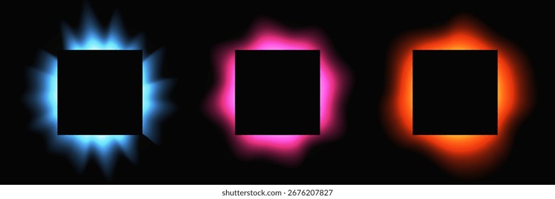 Set of square illuminate frames with gradient. Three multicolor neon banners isolated on black background. Vector illustration