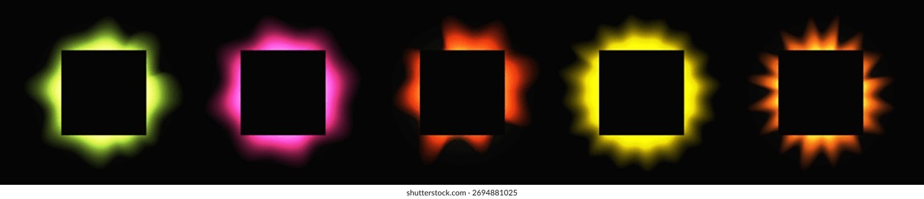 Conjunto de quadros quadrados iluminados com gradiente. Cinco faixas de néon multicoloridas isoladas sobre fundo preto. Ilustração vetorial